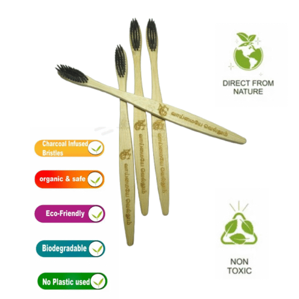 Organic Bamboo Toothbrush  Pack of 4 Charcoal Activated Soft Bristles,  Biodegradable Toothbrush