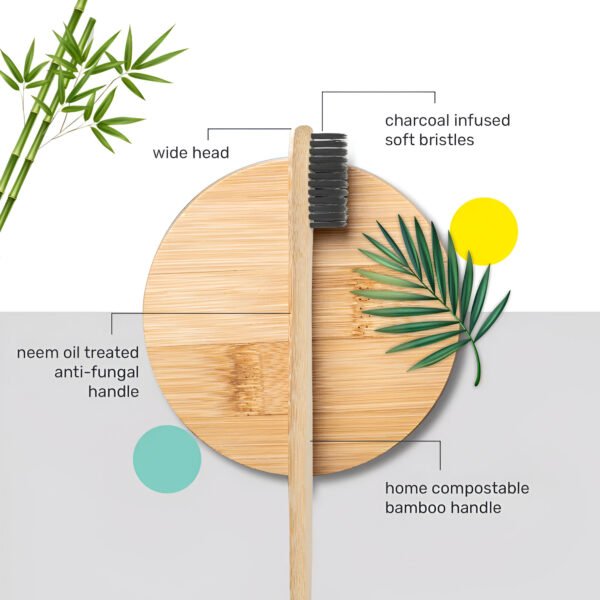 Organic Bamboo Toothbrush Pack of 4 Charcoal Activated Soft Bristles, Biodegradable Toothbrush